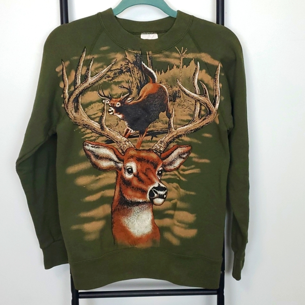 Vintage Santee Deer Crewneck Green Sweatshirt Cotton Blend Size S Y2K